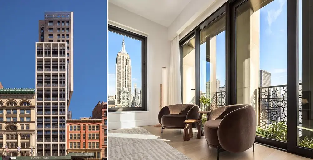 Corner living room with Empire State Building views and planted loggia