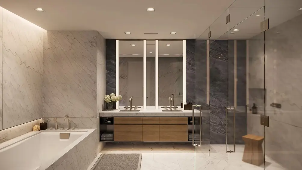 Primary bath with glass-walled shower