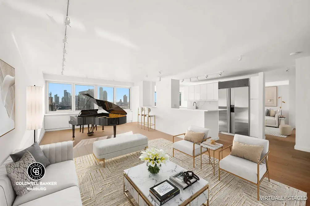 Living room with East River views