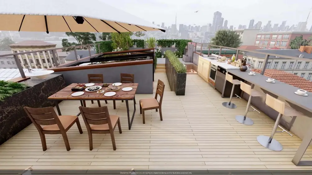 Rooftop seating area, NYC townhouses