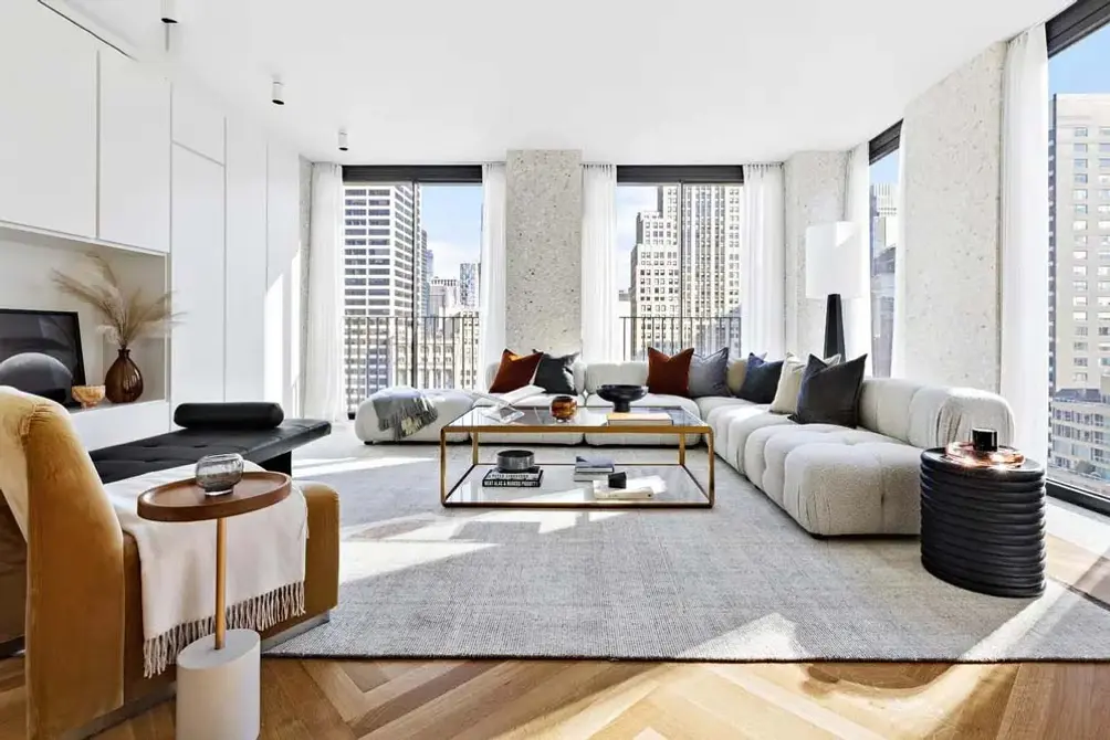 Corner living room with city views
