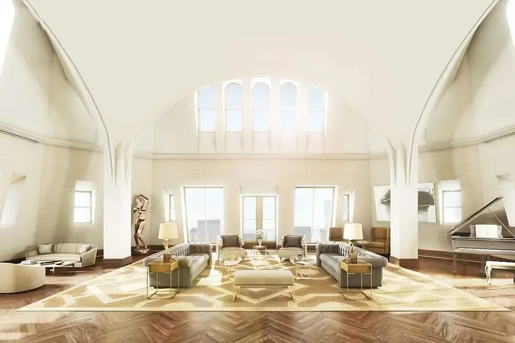 Rendering of living room with massive arched window