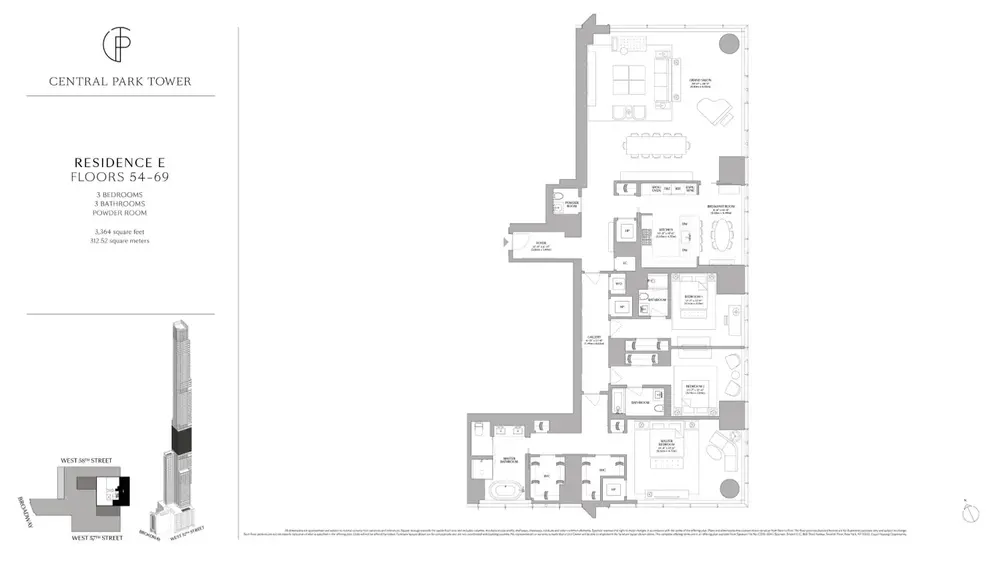 Corner three-bedroom floor plan