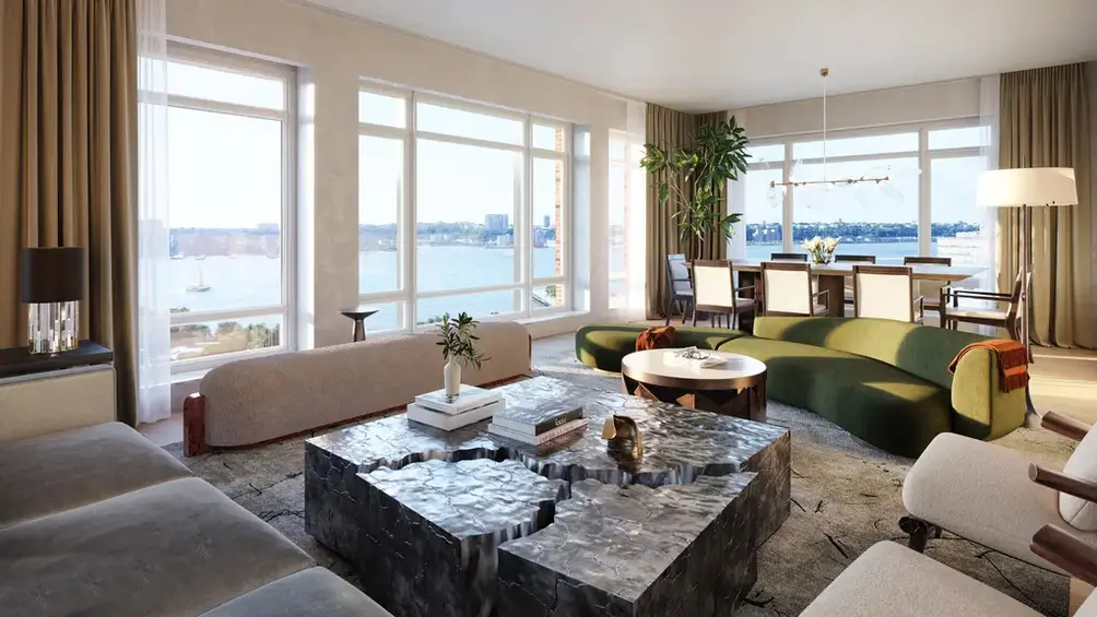 Corner living room with Hudson River views