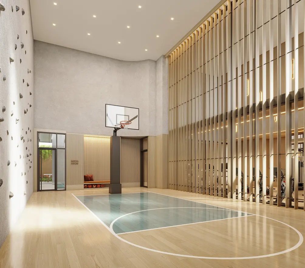 Indoor basketball court and rock climbing wall