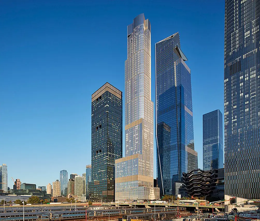 Living room overlooking Lower Manhattan and Hudson River