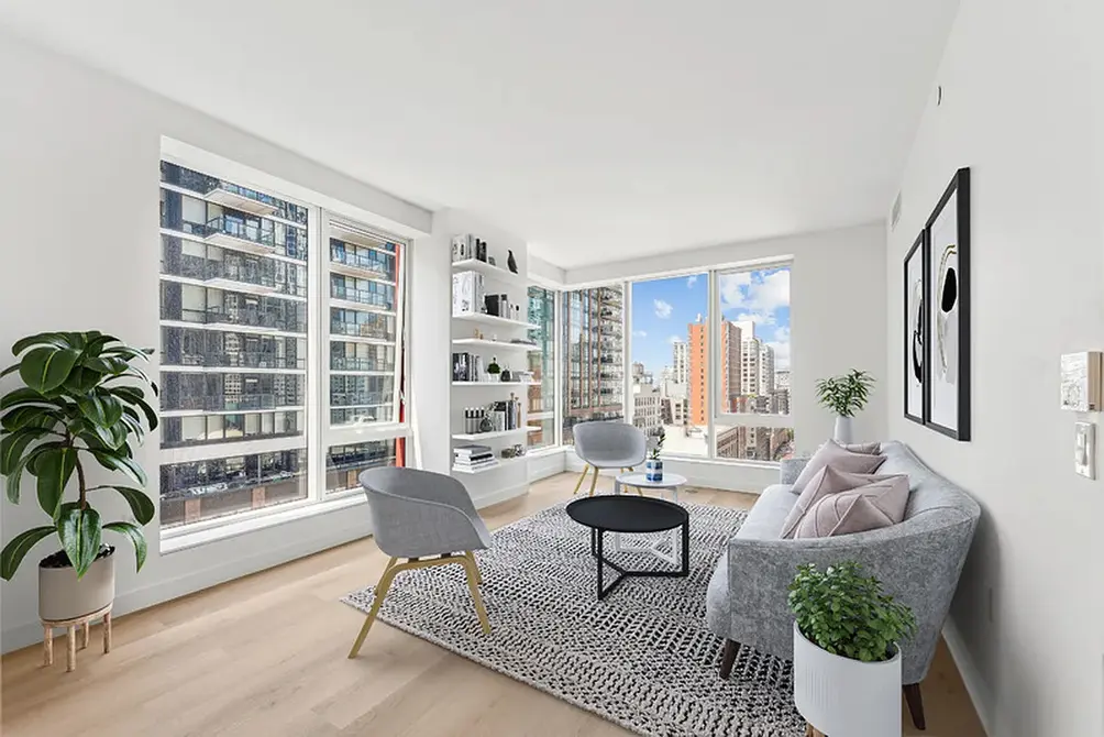 Living room with Downtown Brooklyn views