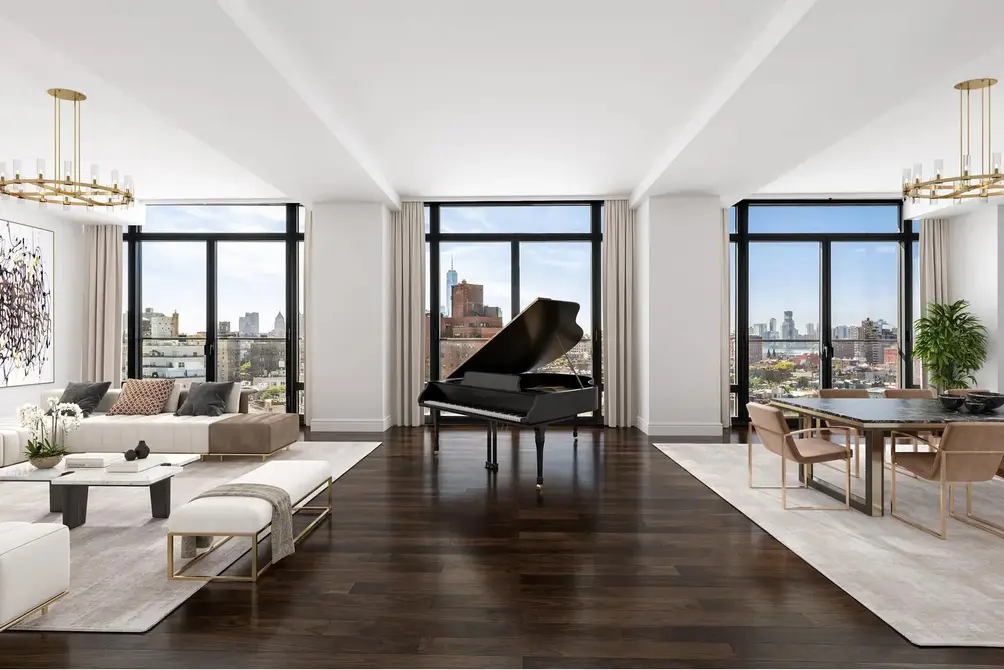 Living room with oversized windows and beamed ceiling