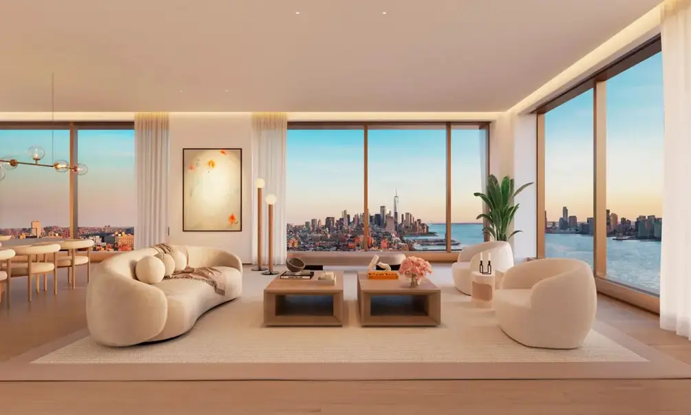 Corner living room with Hudson River views