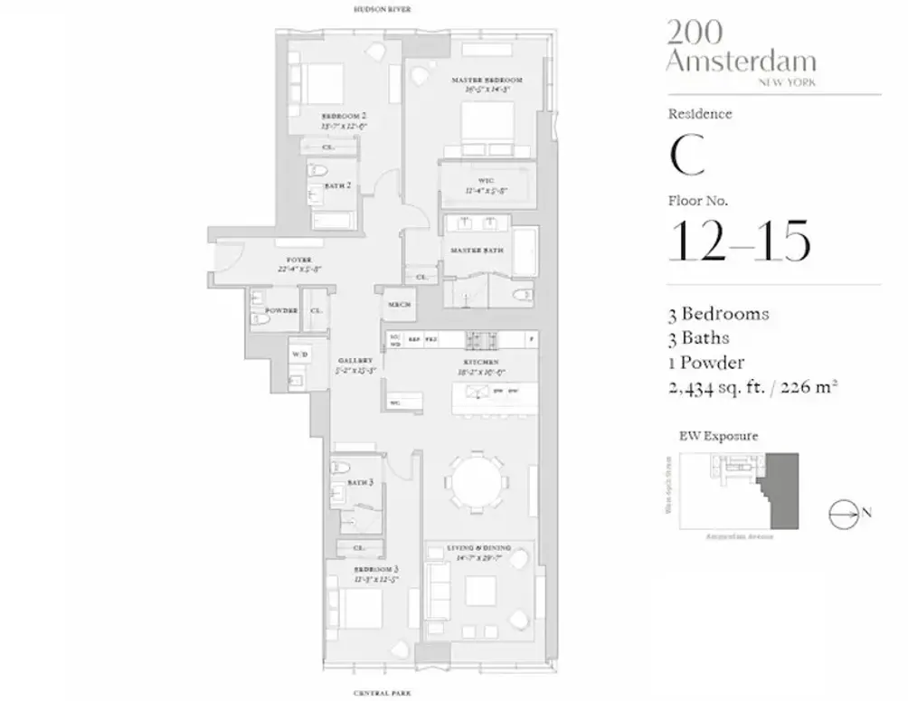 Three-bedroom apartment floor plan