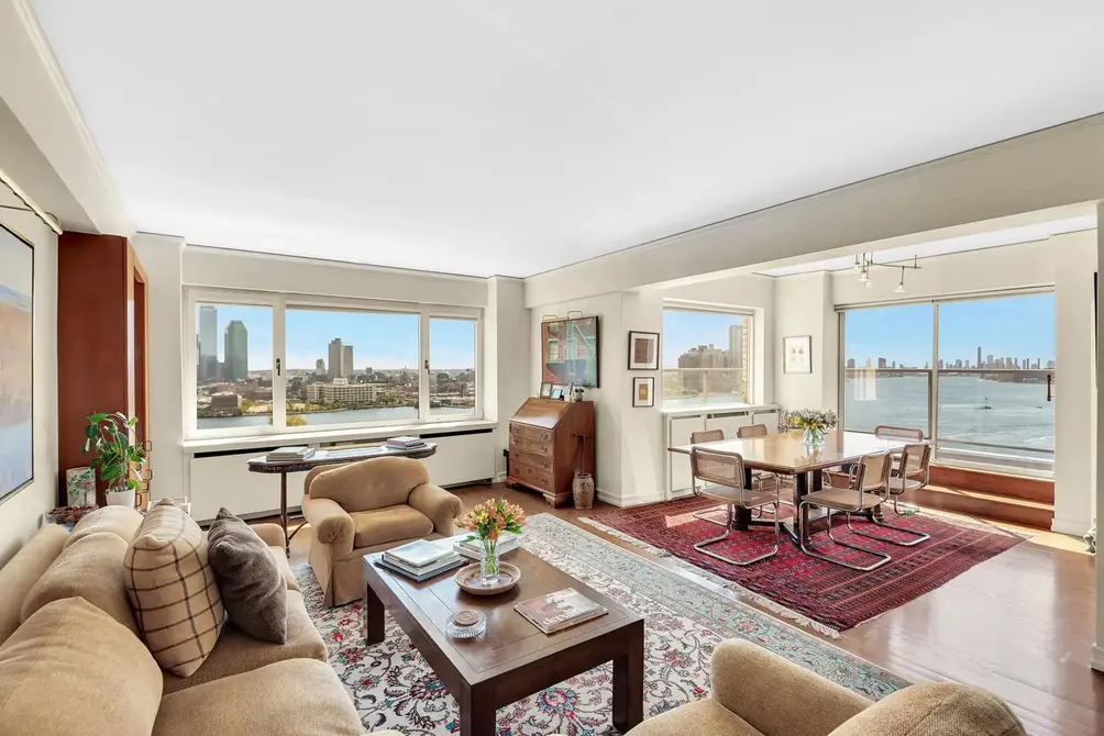 Corner living room with East River views