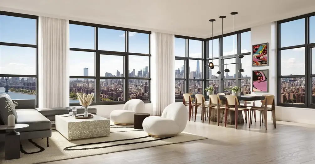 Living room with river and skyline views