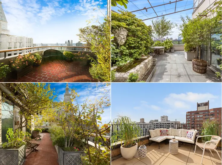 Assortment of images from available Manhattan apartments with private gardened terraces