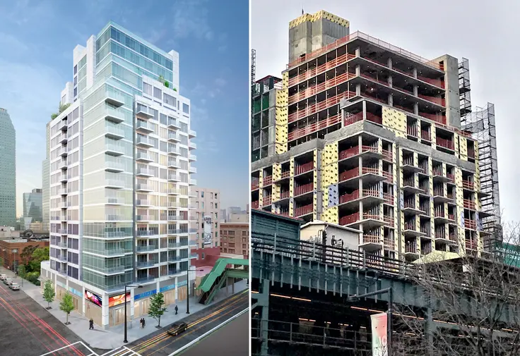 One Queens Plaza rendering (l; Raymond Chan) and construction (r; CityRealty)