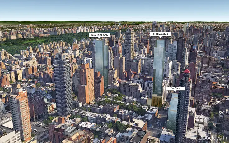 Google Earth aerial showing 249 East 62nd Street and other Real Estate Inverlad towers (CItyRealty)