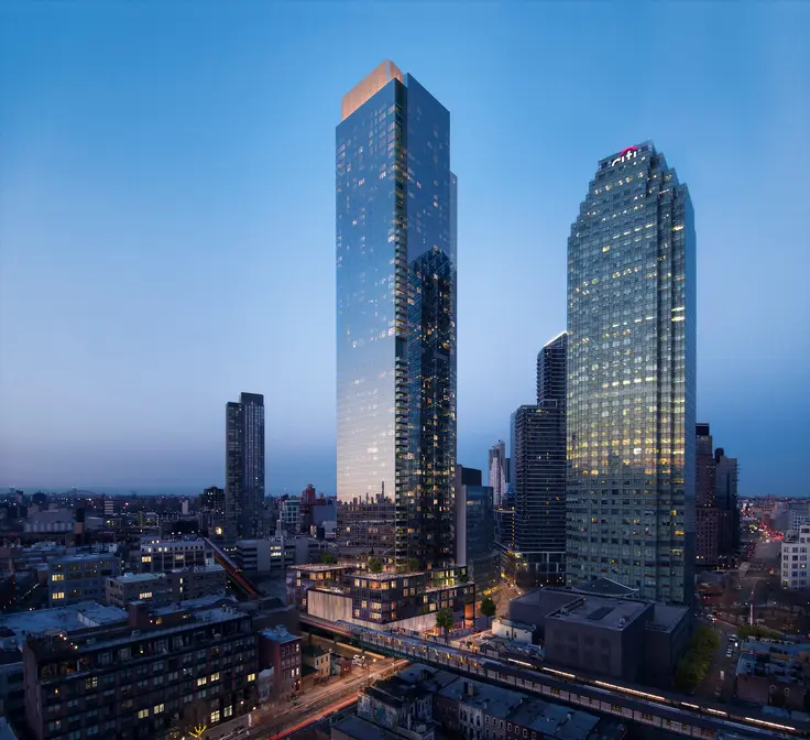 All renderings of Skyline Tower (l; seen here with Citigroup Building) via Binyan Studios