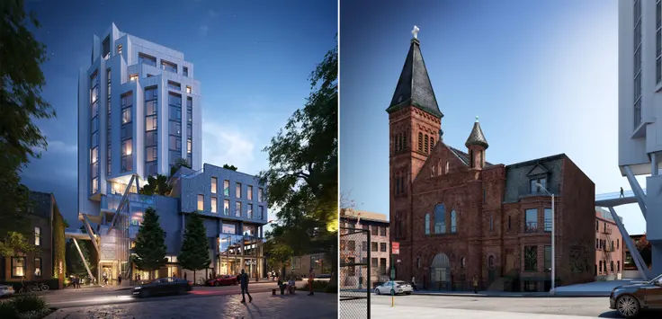 The rising residential project at 304 Rodney (329 Broadway) and St. Paul's Evangelical Lutheran Church and the 