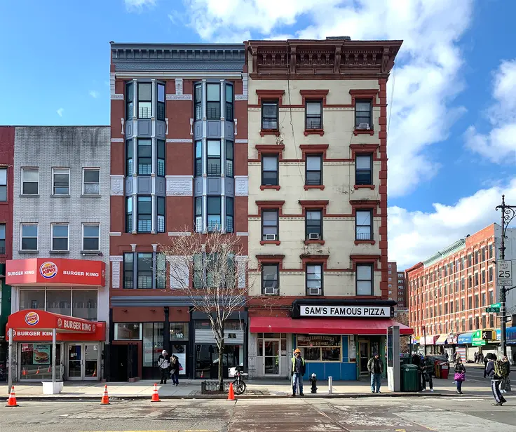 152 East 116th Stret (red brick with the baby blue trim) has two-bedroom co-ops available for $209K (Ondl/CityRealty)