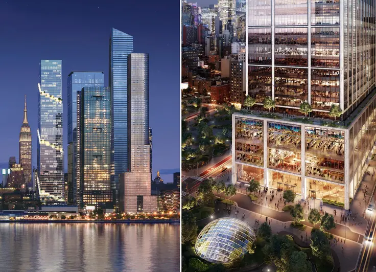 The Spiral designed by BIG and 50 Hudson Yards designed by Foster + Partners (Right rendering: DBOX for Foster + Partners)