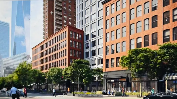 Rendering of base and new Greenwich Street facades for new tower planned at Independence Plaza North (Morris Adjmi Architects)