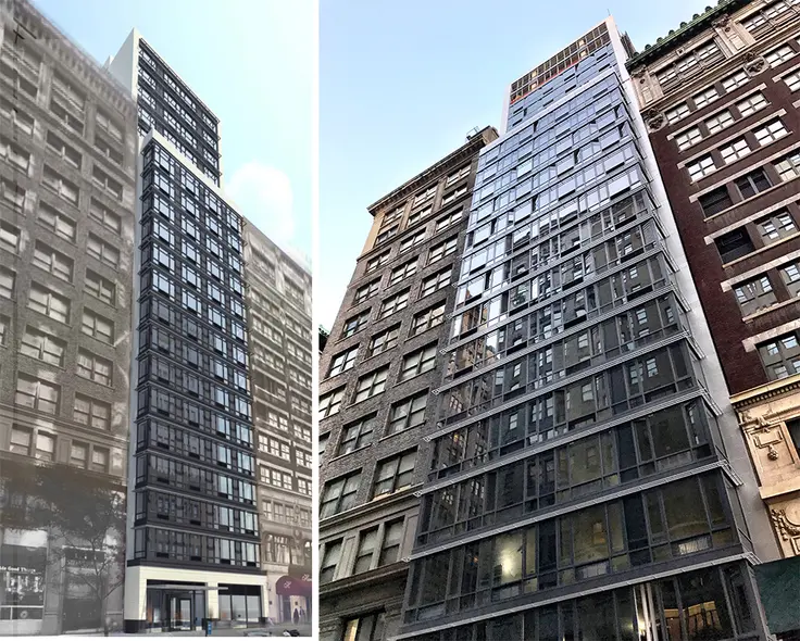 145 Madison rendering (via Winick) and photos showing recently uncovered facade (CityRalty)