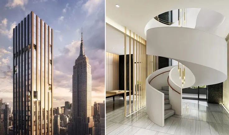 277 Fifth Avenue (l) and Empire State Building (r); amenity staircase (Corcoran)