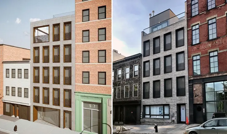 Rendering and recent photo of 53 Grand Street. Looks like some value engineering took place.