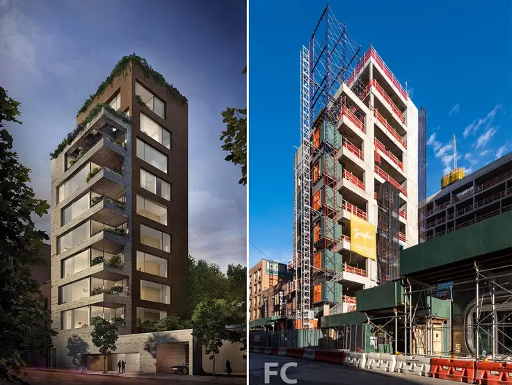 Jardim south tower rendering (l; Will Femia) and construction (r; Field Condition) (CityRealty)
