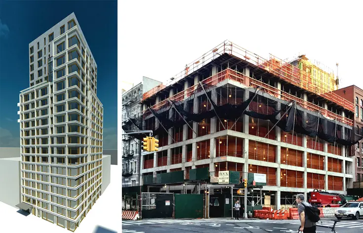 Rendering of 200 East 21st St. via Bravo Builders; Construction progress as of mid-April by CityRealty