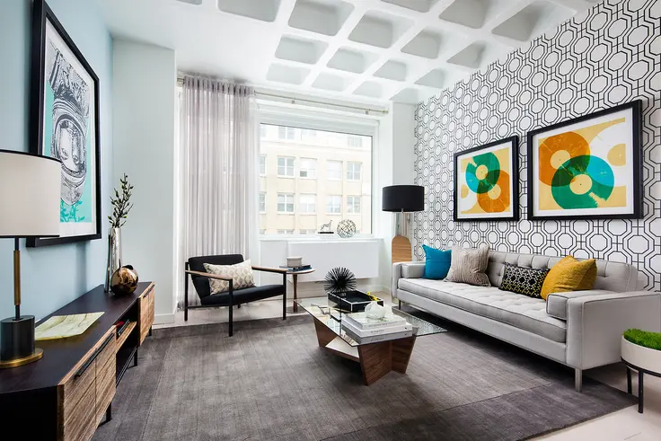 Waffled ceilings offer a unique interior setting at Luna LIC, a 2016-built rental building in Long Island City (Image via lunalic.com)