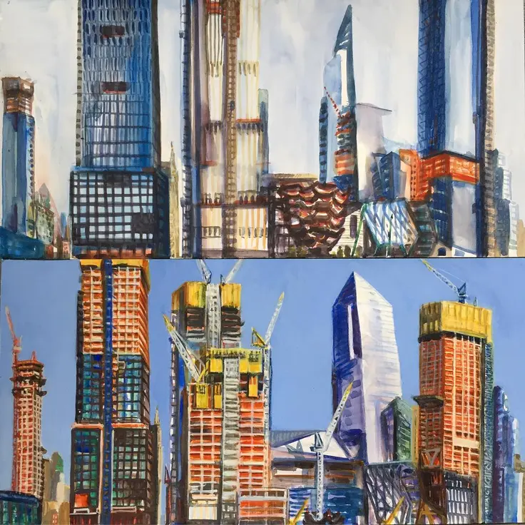 Two paintings by Gwyneth Leech of Hudson Yards. One from the Highline. The bottom was painted in July 2017, the top from May 2018.  (via gwynethleech Instagram)