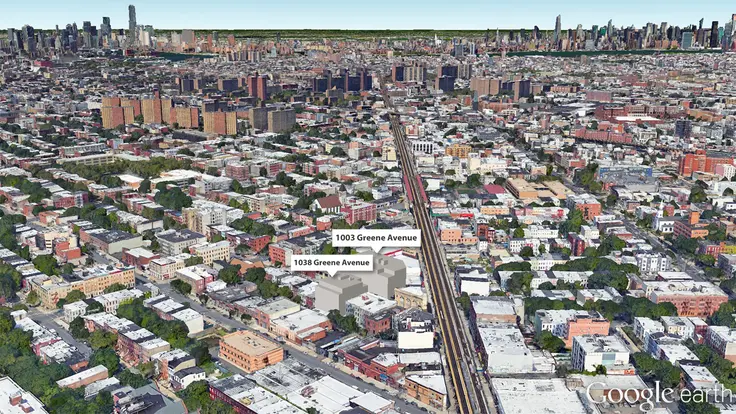 An aerial rendering of the two properties located along Greene Avenue in Bedford-Stuyvesant, Brooklyn. (Google Earth image created by CityRealty)