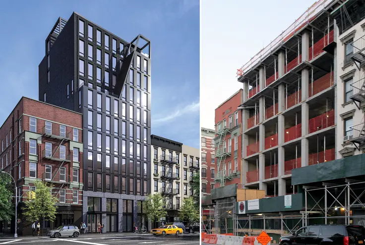 287 East Houston Street rendering and construction progress as of early May; AA Studio/ CityRealty