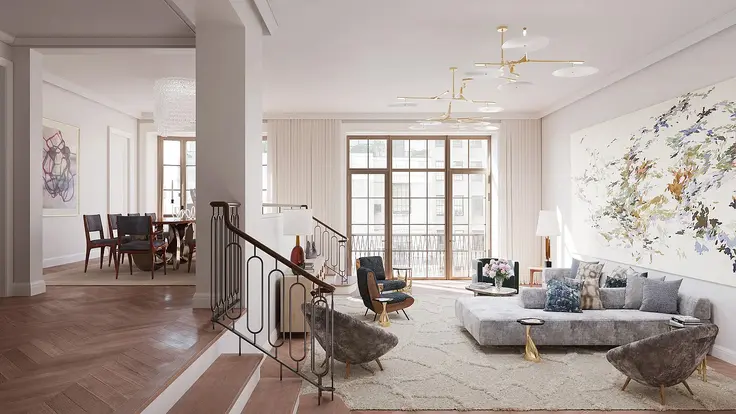 The step-down living room at 109 East 79th Street, #15W, the top sale (The Corcoran Group)