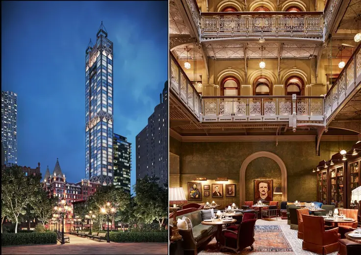 The Beekman Residences and the iconic dining courtyard of the Temple Court Building below where Tom Colicchio has a restaurant inside. 