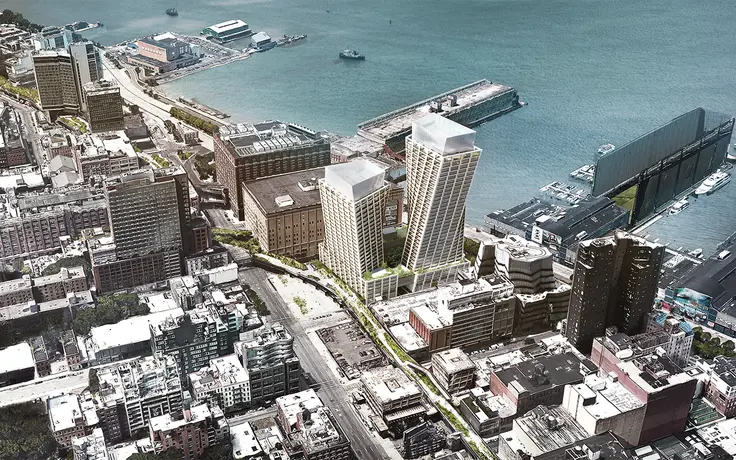 The towers will stand alongside the High Line and Hudson River.