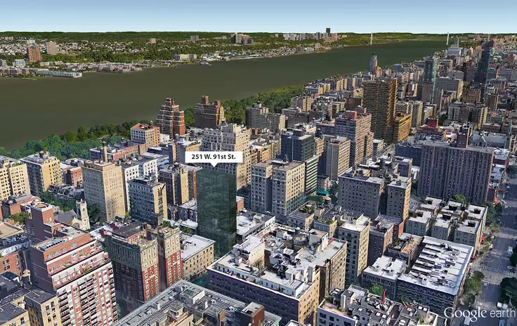 Google Earth aerial showing location and height of propsed project for 251 West 91st Street