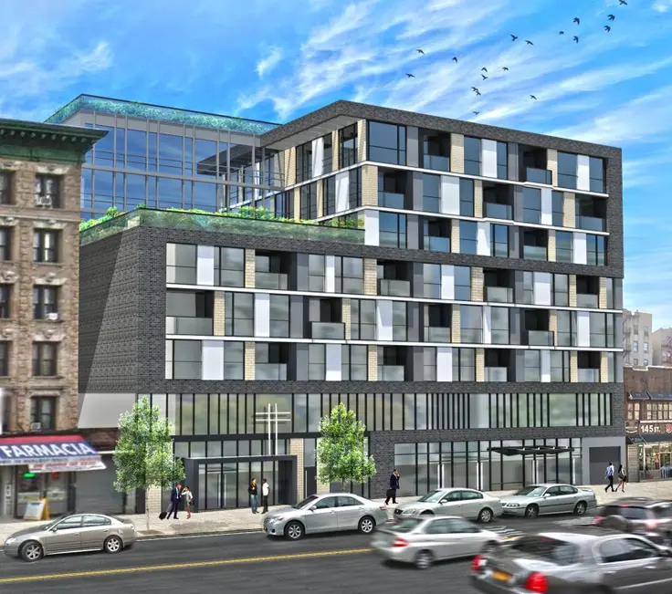 Rendering of a proposed project at 210-220 West 145th Street in Harlem; Image source BLA