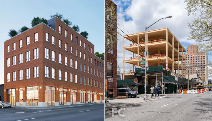 L: 360 Wythe Avenue rendering via Flank Architecture + Development, R: Construction photo courtesy of Field Condition 
