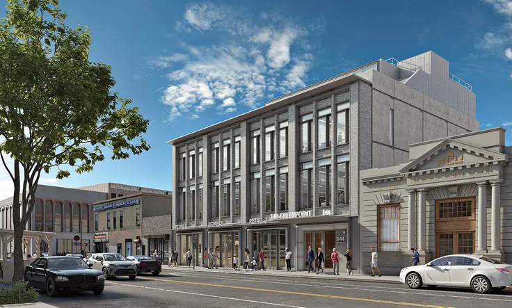 Renderings and photos of 144 Greenpoint Avenue via PBDW Architects for Landmarks Preservation Commission