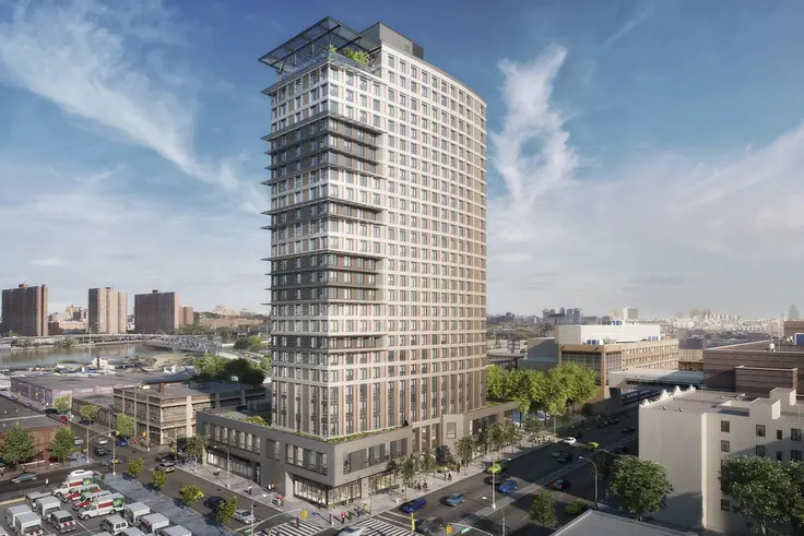 Rendering of 425 Grand Concourse towering over Mott Haven (Dattner Architects)