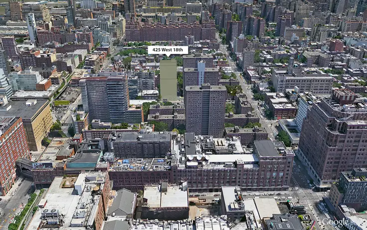 Google Earth aerial showing location of affordable housing building rising at 425 West 18th Street (CityRealty)
