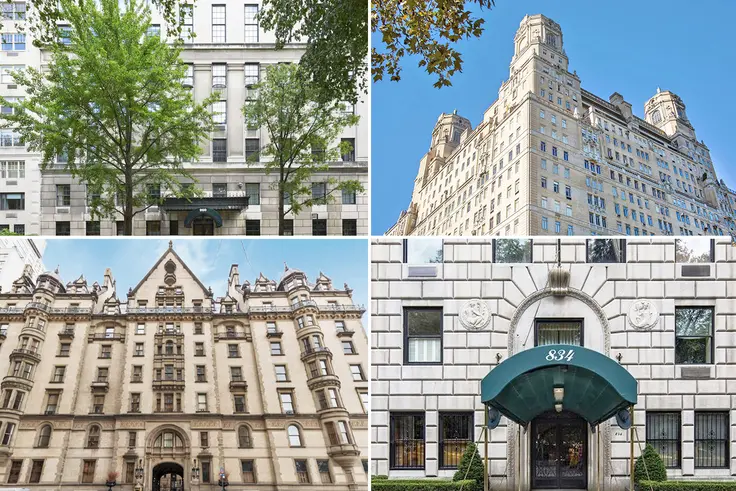 (clockwise from top left) 960 Fifth Avenue, The Beresford, 834 Fifth Avenue, and The Dakota are among New York's most prestigious co-ops.