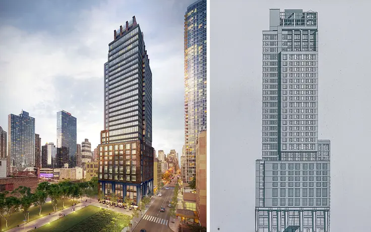 509 West 38th Street has finally topped off, offering a steel and brick exterior to the mostly glass Hudson Yards area. (Renderings courtesy of Steel Blue, LCC)