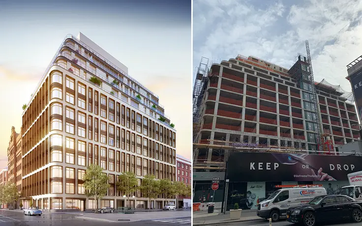 Rendering of 40 Bleecker Street (l, Williams New York) and photo circa February 2019 (r, CityRealty)