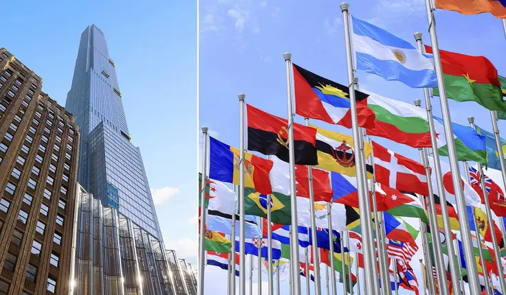 Central Park Tower with international flags (Extell Development Marketing)