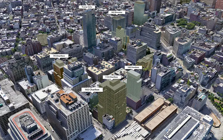 Google Earth aerial of Hudson Square/ West SoHo area; CityRealty