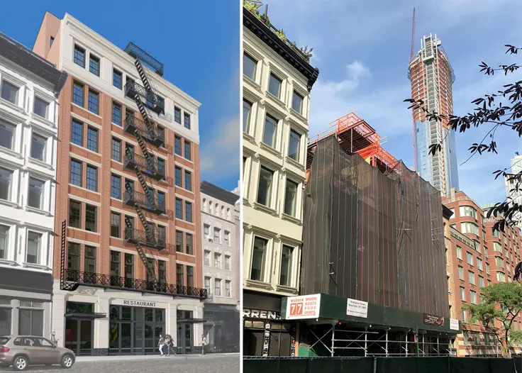 Rendering by PACS/JMZoning (l); Google street-view of current site (r)