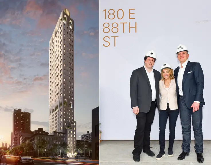 Rendering of 180 East 88th Street  and event photo with Ephram Lustgarten, Pamela Liebman, Joseph McMillan (Photo Credit: Sean Zanni for Patrick McMullan)