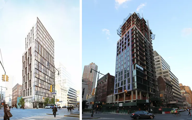 415 Red Hook Lane has recently topped out at 210 feet. Rendering on left via CMA, recent construction photo on right